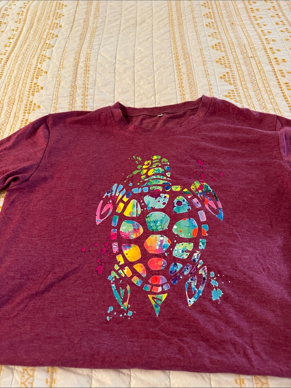 Women’s Maroon T-Shirt with Colorful Turtle Graphic